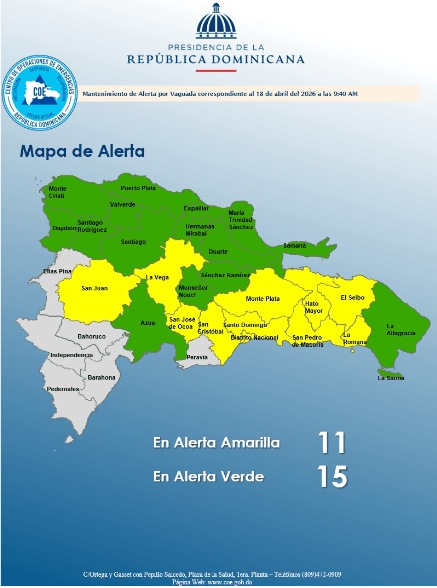 COE mantiene 11 provincias en alerta amarilla y 15 en verde por vaguada